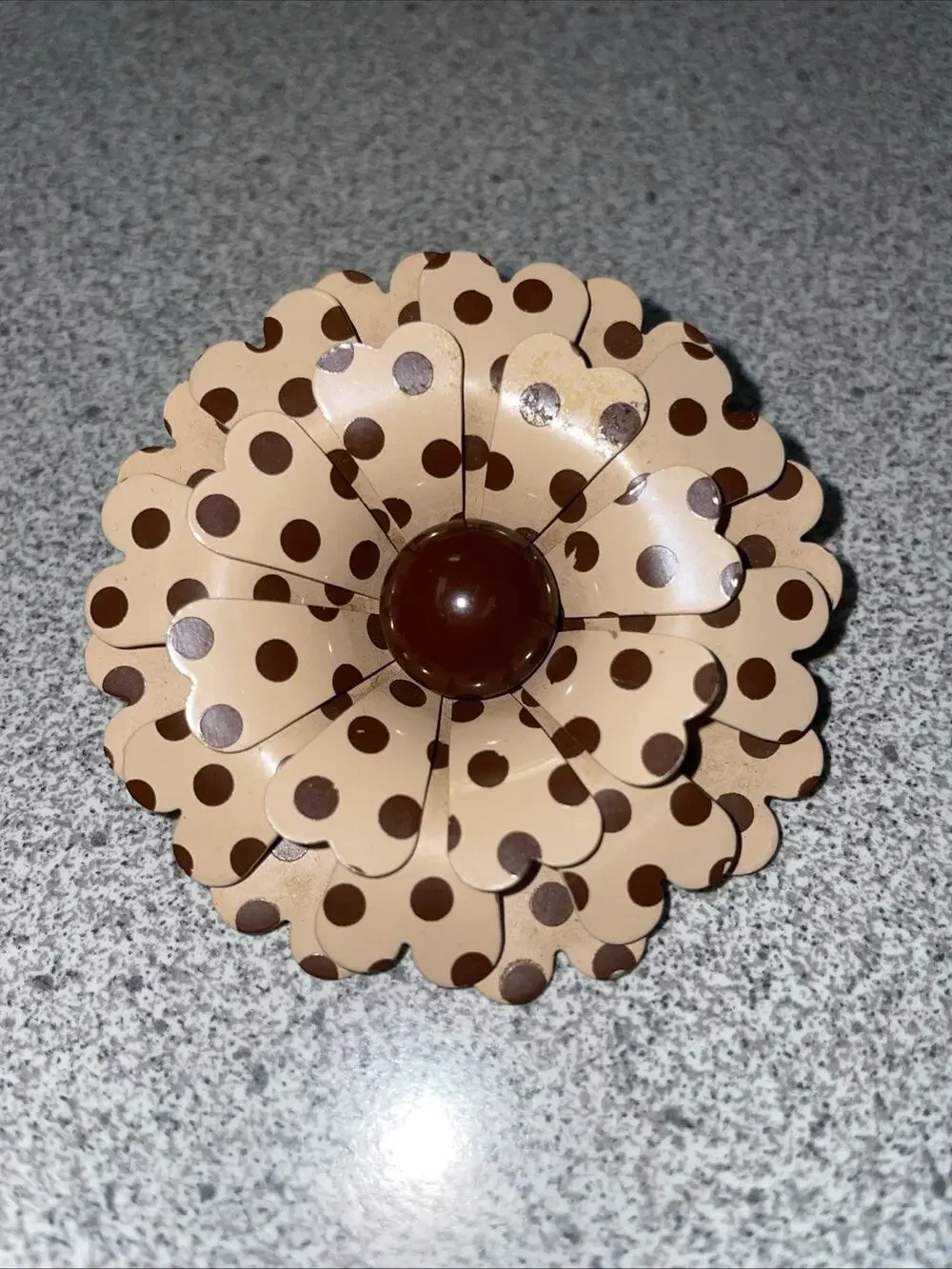 Vtg 1960s Mod Enamel Flower Brooch Pin Brown Polka Dot 3-Tier